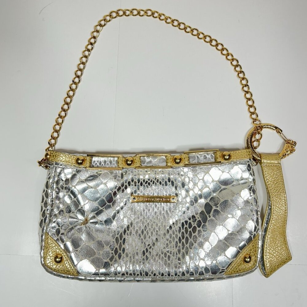 MICHELLE MONROE Croc Embossed Silver Gold Convertible Clutch Bag Key Chain Flaw